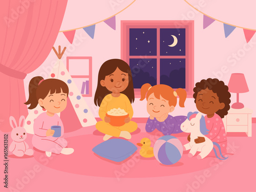 Girly night sleepover pink with unicorns and a tipi, vector for kids, cute school material, poster printable 