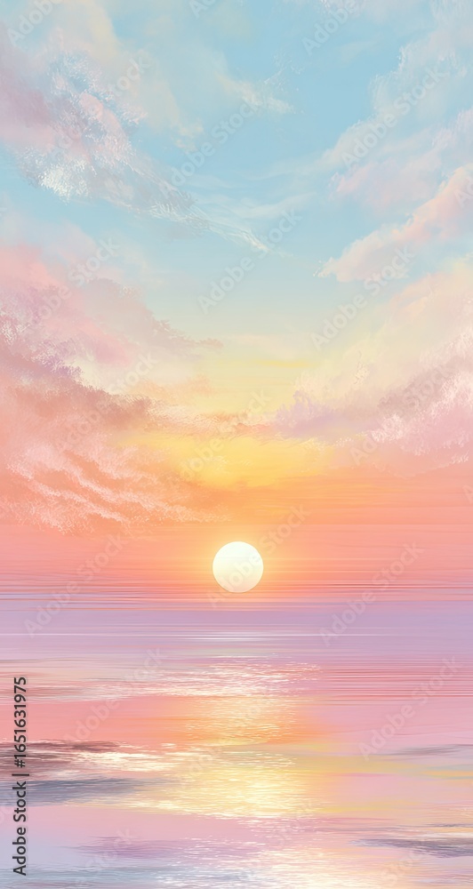 Fototapeta premium Pastel sunset over a calm ocean, soft clouds painted across a tranquil sky, reflecting warm hues on the water's surface