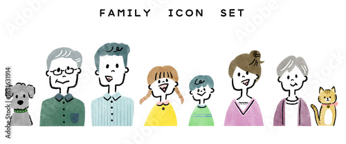 三世代家族とペットのシンプルな線画イラストアイコンセット