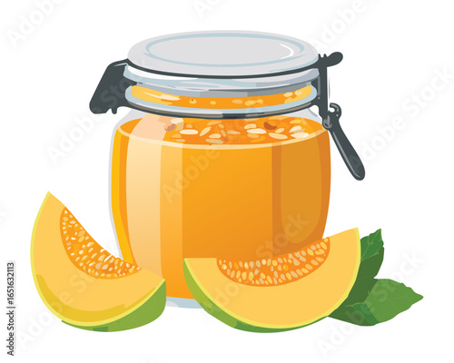 Jar of Sweet Cantaloupe Jam with Fresh Melon Pieces - Vector Illustration