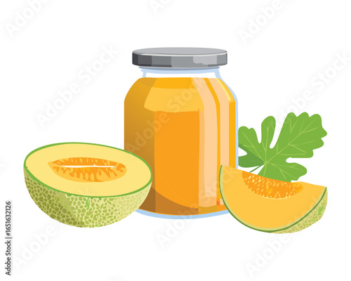 Jar of Delicious Cantaloupe Jam with Fresh Melon Pieces - Vector Illustration