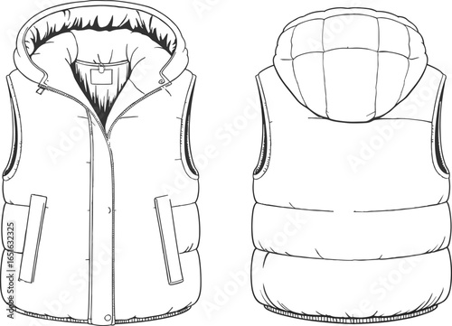 hooded puffer vest front and back view, cad drawing flat vector illustration, quilted sleeveless jacket, zipper closure, flap pockets, drawstring hood, apparel design template
