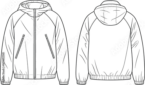 hooded jacket front and back view, cad drawing flat vector illustration, zipper closure, zippered pockets, elastic cuffs waistband, long sleeves, casual outerwear apparel design template