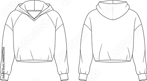 cropped hoodie front and back view, cad drawing flat vector illustration, v neck hooded design, long sleeves cuffs, casual garment construction, apparel design template