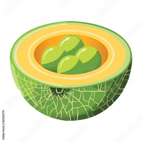 A halved cantaloupe showcasing two perfectly round, juicy melon balls inside - Vector Illustration
