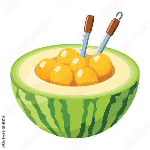 Refreshing watermelon bowl with perfectly scooped melon balls and utensils - Vector Illustration