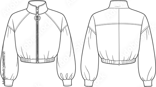 jacket front and back view, cad drawing flat vector illustration, high collar, elastic cuffs, zipper closure, circular zipper pull, elastic waistband, garment technical design template