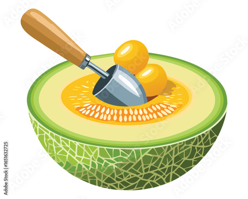  A fresh, ripe melon with a metal scooper creating delicious fruit balls - Vector Illustration