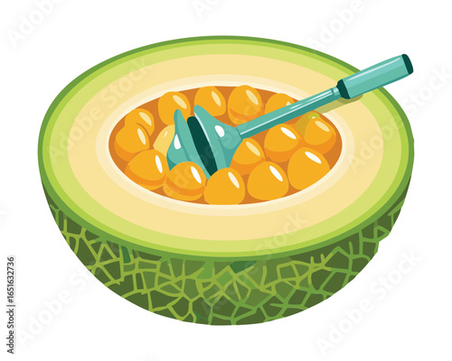 A vibrant, halved cantaloupe with a scoop to make delicious melon balls - Vector Illustration