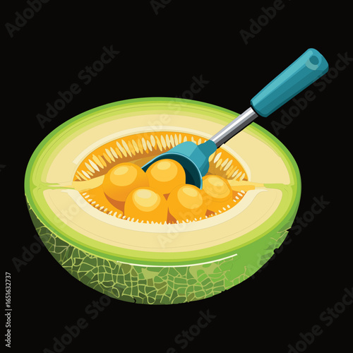 A halved cantaloupe showing the vibrant flesh and a scoop for serving - Vector Illustration