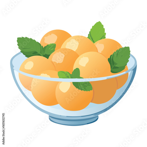 A clear glass bowl holding a generous serving of fresh cantaloupe balls - Vector Illustration