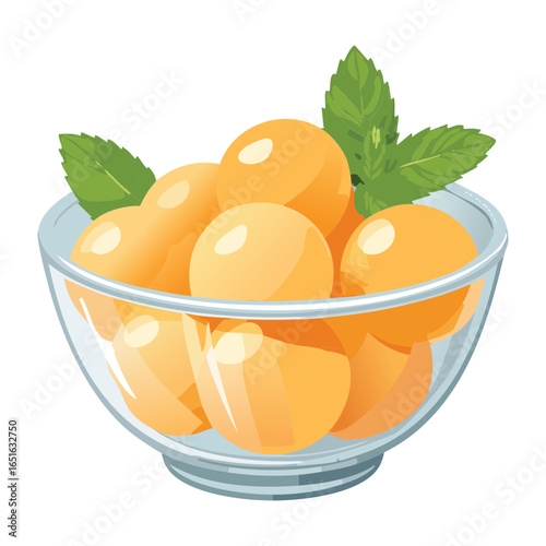 Freshly scooped melon balls in a clear glass bowl with a mint garnish - Vector Illustration

