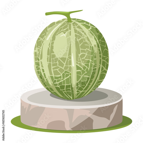 A whole, fresh, and perfectly ripe cantaloupe on a small, round platform - Vector Illustration

