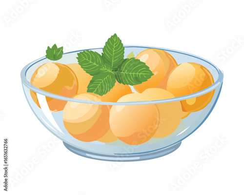 A clear glass bowl filled with delicious and perfectly scooped melon balls - Vector Illustration

