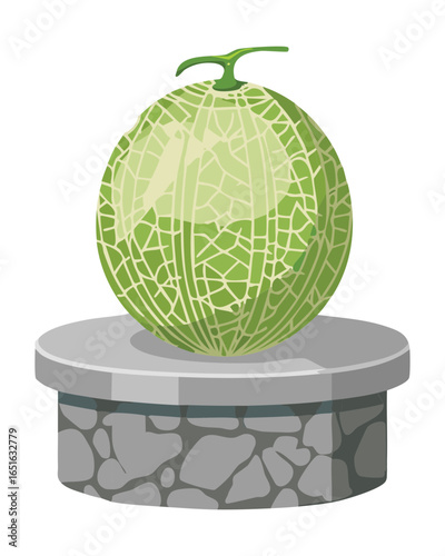 A fresh and organic cantaloupe on a clean, modern stone block or stand - Vector Illustration