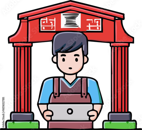 A vector illustration of a young farmer using a tablet to monitor crops in a greenhouse.