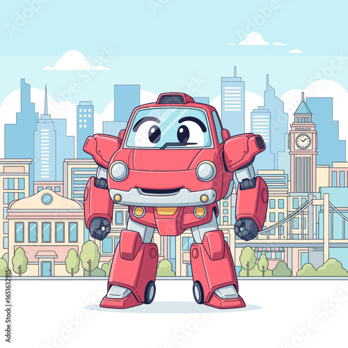 Cute Mecha Transportation Robot A Delightful Animated Character in a Cityscape