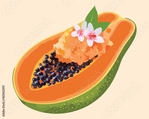 An appetizing and beautiful papaya half with decorative flowers - Vector Illustration