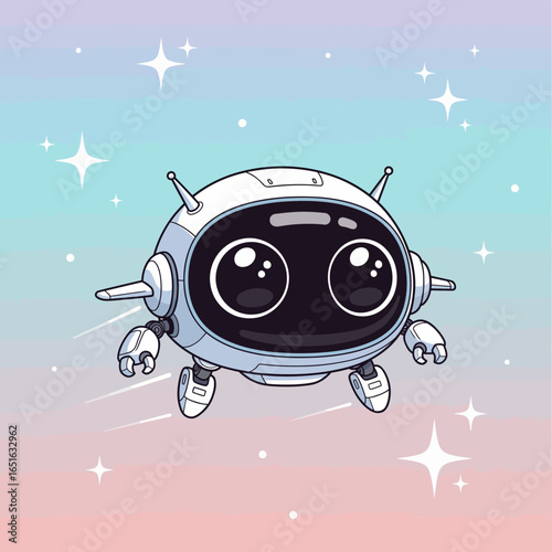 Discover this incredibly cute mecha robot, a marvel of futuristic transportation, as it hovers serenely amidst sparkling stars in a beautiful gradient sky.