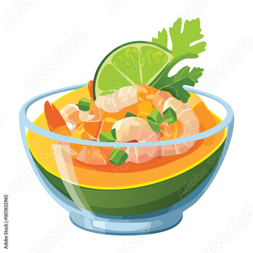 A fresh and colorful shrimp cocktail served in a half of a papaya fruit - Vector Illustration