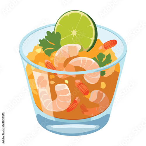 A glass bowl of shrimp ceviche with a garnish of lime and fresh herbs - Vector Illustration