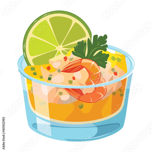  A fresh and vibrant bowl of shrimp ceviche with chopped vegetables and lime - Vector Illustration