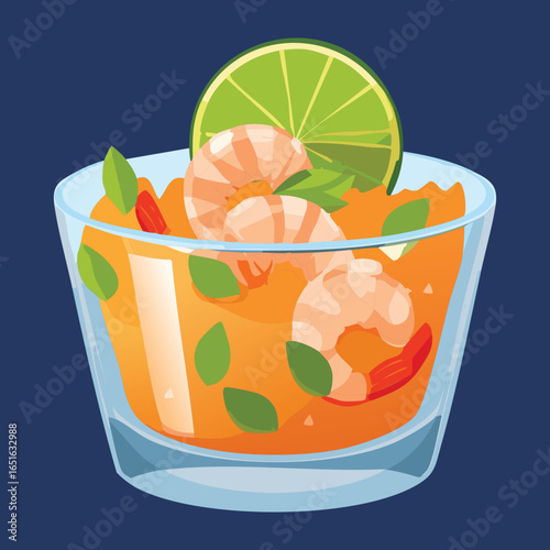  A clear glass bowl of shrimp ceviche with fresh lime and herbs - Vector Illustration