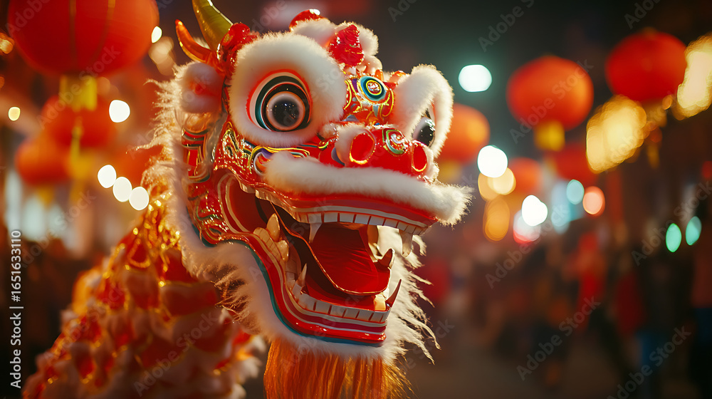 Fototapeta premium In the heart of a bustling Chinese city, the Lunar New Year springs to life with an exciting parade featuring dragon and lion dances, traditional music, and colorful fireworks.