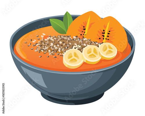 Papaya Oatmeal Bowl with Banana Chia Seeds Healthy Breakfast Food - Vector Illustration