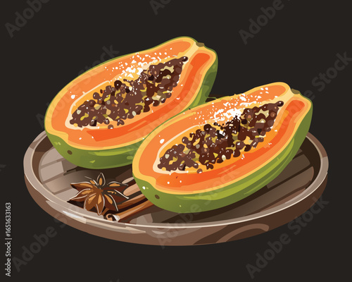 Sliced Papaya with Seeds Cinnamon Sticks Dark Background Healthy Snack - Vector Illustration