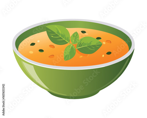 Green Bowl of Fresh Papaya Soup or Smoothie with Basil - Vector Illustration