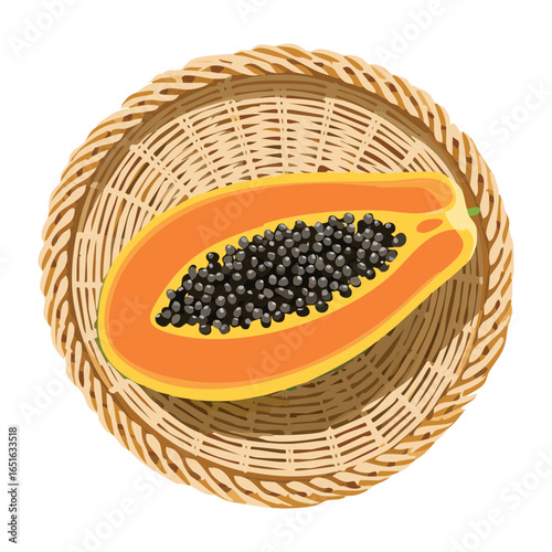 A perfectly ripe papaya, sliced in half and served on a simple woven plate, a fresh and healthy snack - Vector Illustration