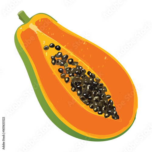 A half-cut ripe papaya showing its beautiful orange interior and black seeds, a symbol of tropical freshness - Vector Illustration