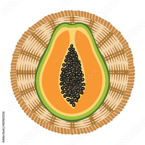 A perfectly ripe papaya, sliced in half and served on a simple woven plate, a fresh and healthy snack - Vector Illustration