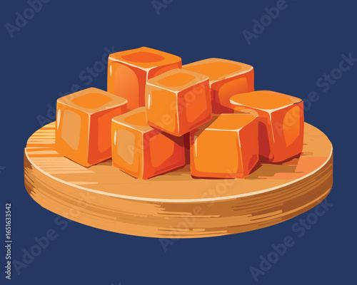 A close-up of fresh, raw pumpkin cubes on a wooden cutting board, a perfect ingredient for various dishes - Vector Illustration