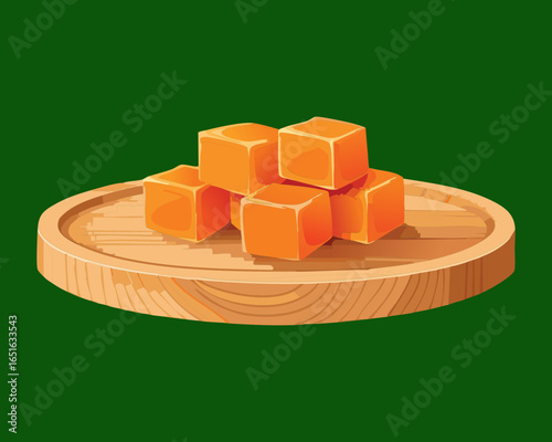 A pile of raw, freshly-cut pumpkin cubes on a wooden cutting board, ready for cooking a healthy meal - Vector Illustration