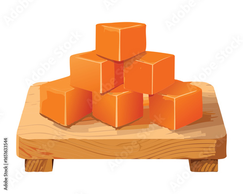 A stack of perfectly cut orange papaya cubes on a wooden cutting board - Vector Illustration
