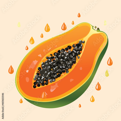 A fresh half-sliced papaya with juicy seeds, with water dripping down - Vector Illustration