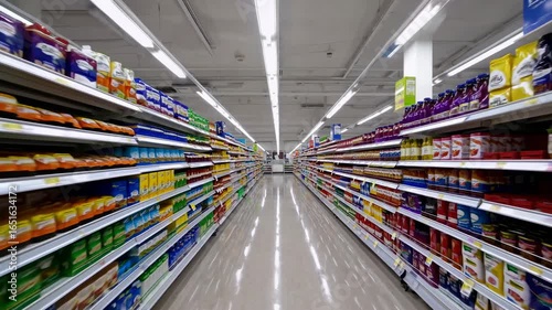 Dolly Shot Through a Pristine Grocery Aisle Filled With Colorful Products and Bright Lighting, Capturing a Clean and Organized Shopping Experience