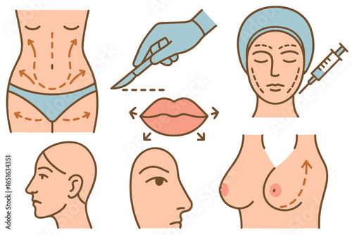 Collection of cosmetic procedure icons showing lip fillers, body sculpting, facelifts, and nose surgery, aesthetic and body enhancement liposuction healthcare lineart