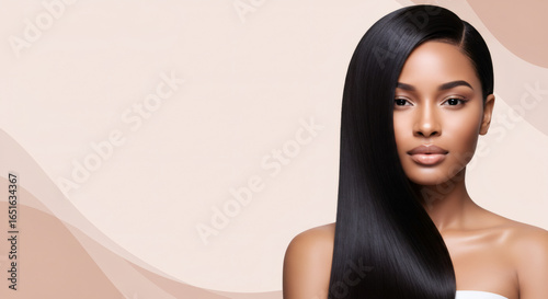 Young African American woman with shiny long black hair. Hair care, beauty and cosmetics banner. Studio shot with copy space.