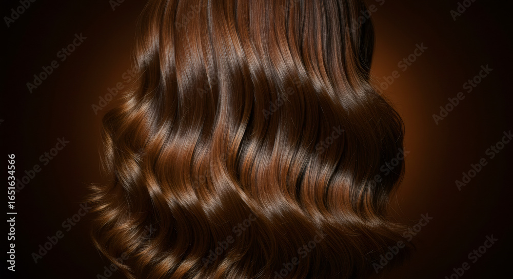 Fototapeta premium A back view of a woman with long, beautiful brown hair, showing healthy, shiny curls on a dark background. Haircare and beauty concept.