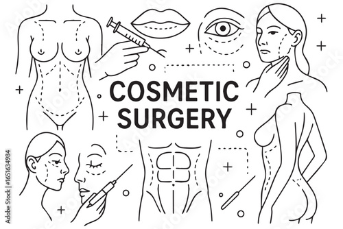 Collection of cosmetic surgery icons including lip fillers, body sculpting, face treatments, and liposuction with contouring lines liposuction healthcare lineart