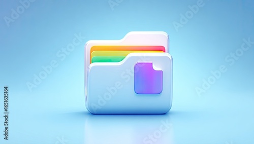 A 3D rendered light blue folder icon with colorful tabs and a gradient purple document icon inside, against a pale blue background with a subtle reflection