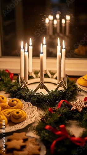 Festive Swedish holiday table with traditional Lussekatter saffron buns, gingerbread cookies, and a lit candelabra. Cozy winter celebration.