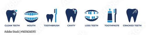 Complete Oral Care Icons set vector illustration blue with Clean teeth, Mouth, Toothbrush, Cavity, Loss teeth, Toothpaste, Cracked teeth