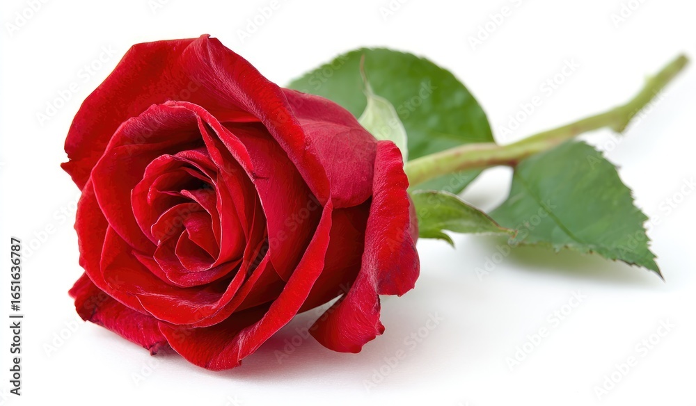 Fototapeta premium A vibrant red rose with lush green leaves, symbolizing love and beauty. Perfect for romantic occasions and floral arrangements.