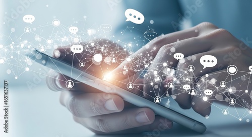 Wallpaper Mural Hand using smartphone with social media and communication network icons Torontodigital.ca