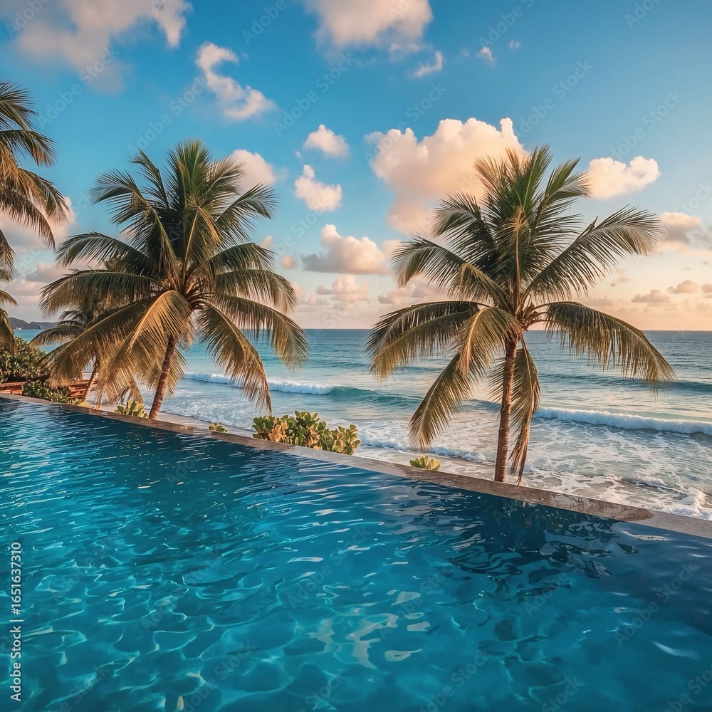 Obraz premium Luxury infinity pool with palm trees overlooking tropical beach at sunset