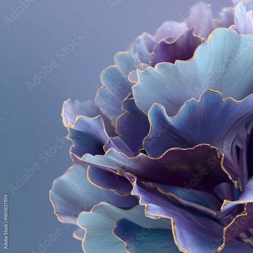 Close-up of a stylized flower, pastel blues and purples, with gold leaf-like edges against a muted blue background